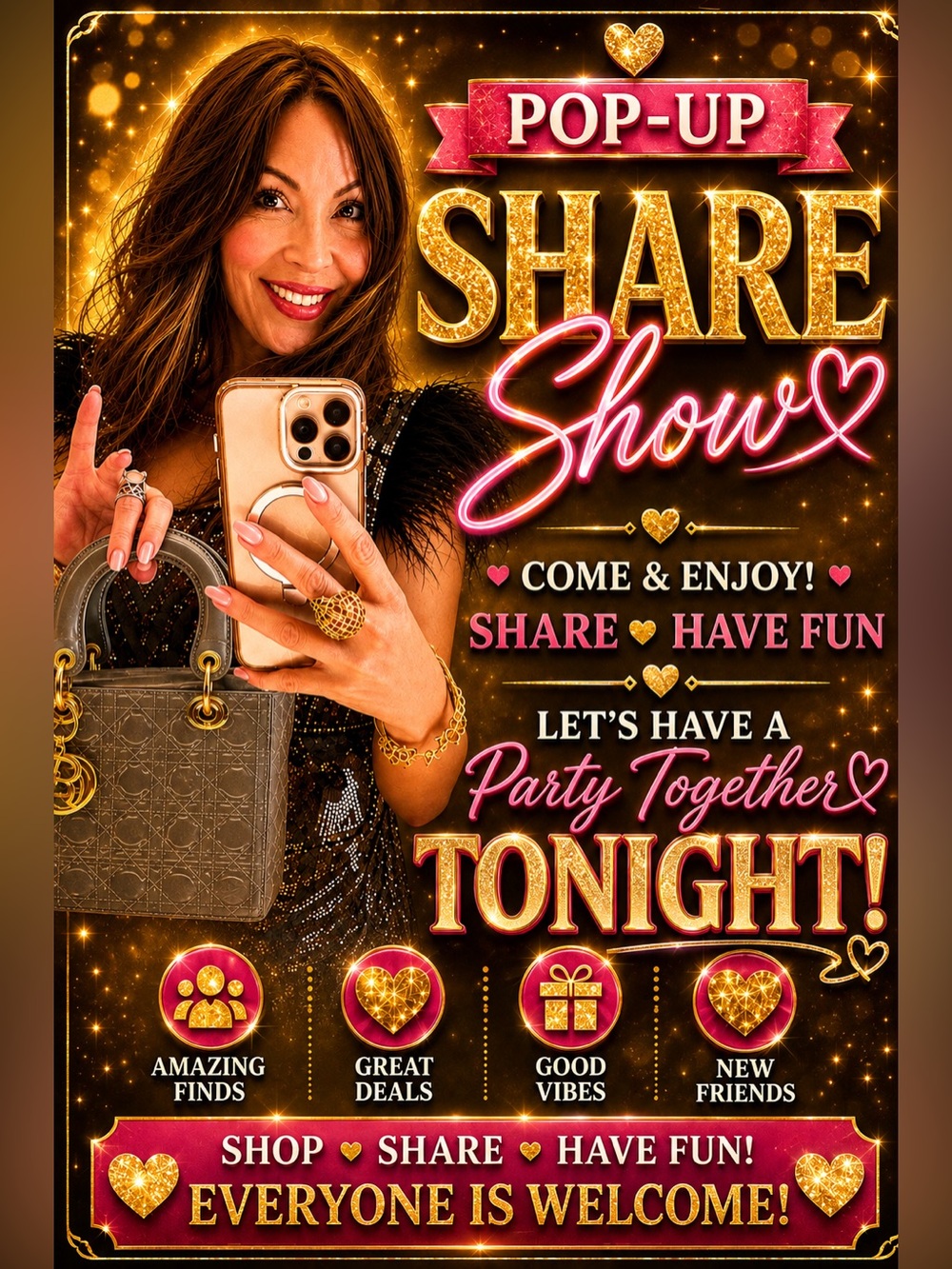 Pop-Up Share Show Party Poster - Gold & Pink Celebration